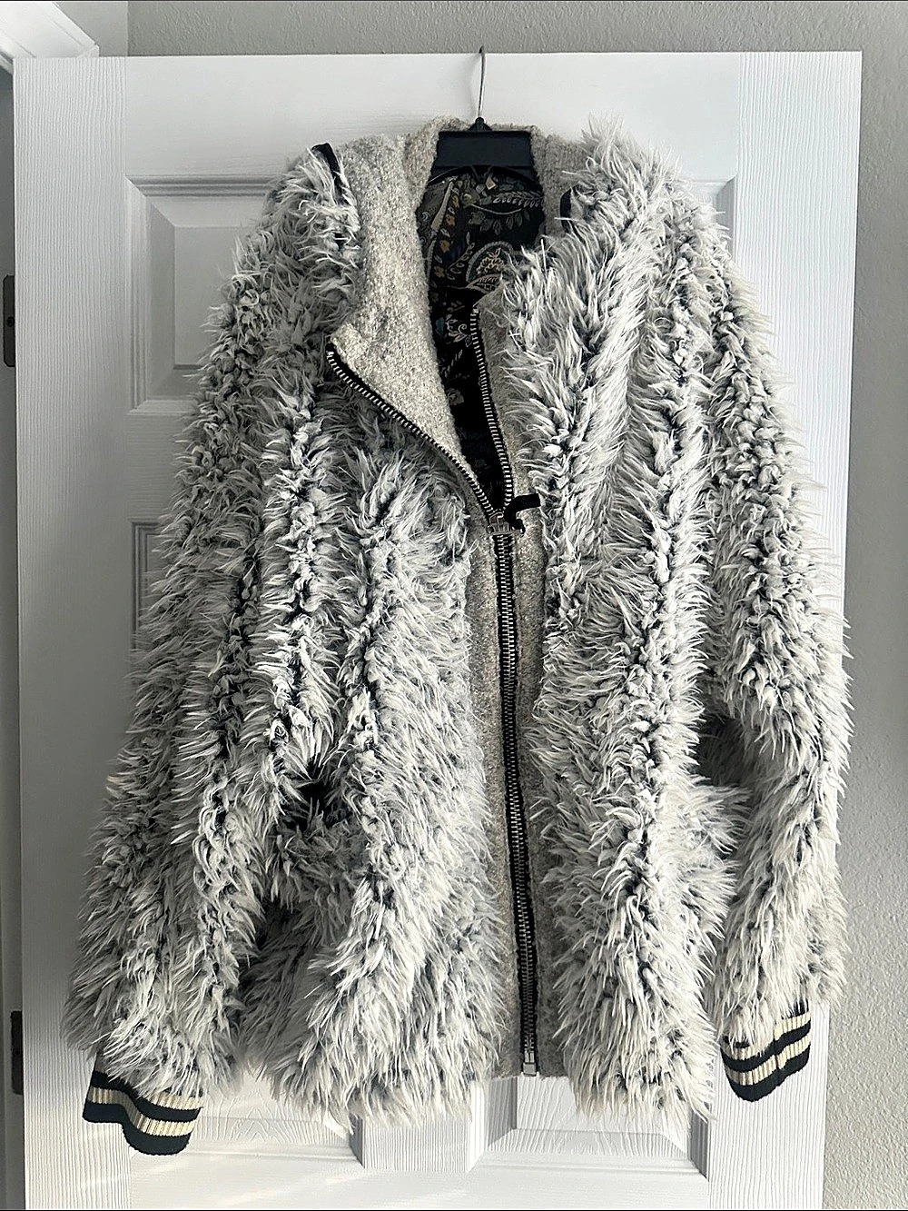 Free People Louder Please Hooded Faux Fur Jacket Gray Medium